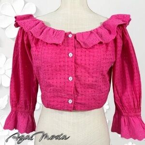 TALITA KUME hot pink 1/4 sleeves cropped eyelet top
